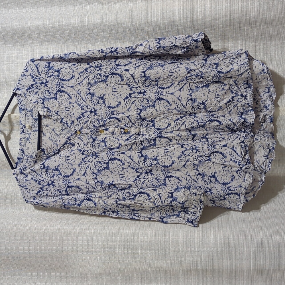 4/$20 Grand & Greene Blue White Printed Blouse Xl 3/4 Sleeves V- Neck Rayon